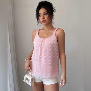 Polka dot pink tank camisole top polkadot blouse t shirt sheer textured S 4 silk